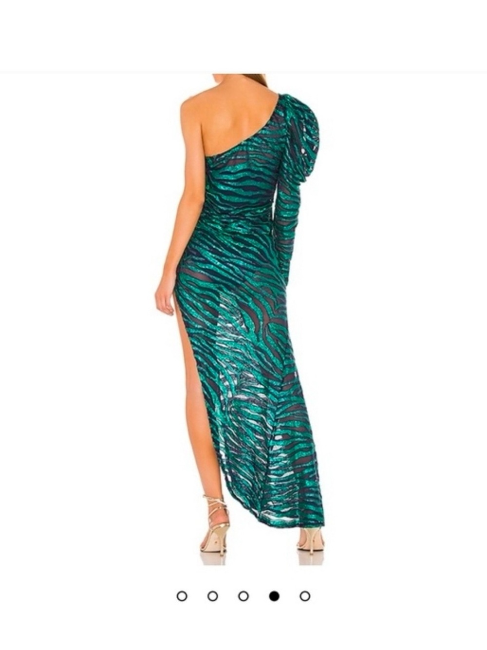 For Love And Lemons Teal and Black One-Shoulder Sequin Gown with Puff Sleeve